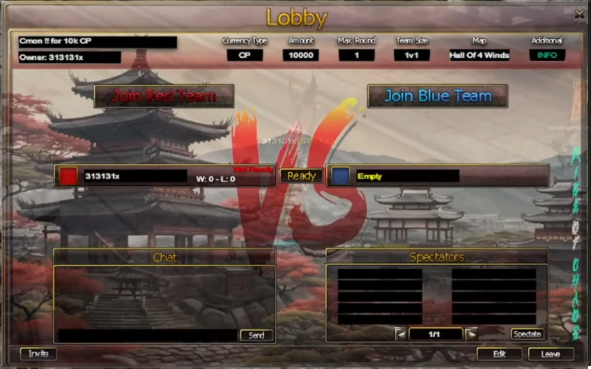 Active lobby (1v1, BO1, 10k CP bet)